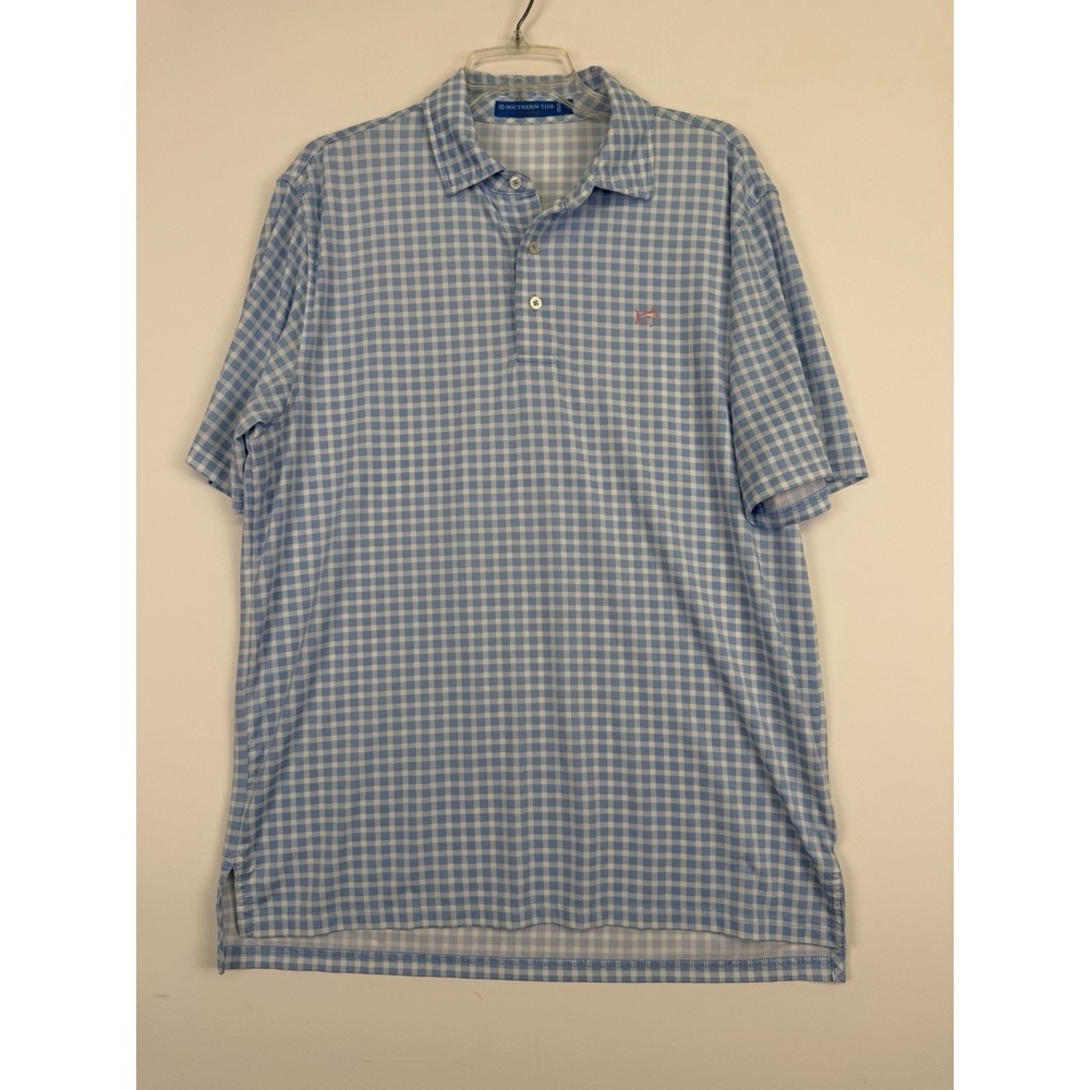 Southern Tide Polo Men's Performance Medium Blue/White Gingham Design